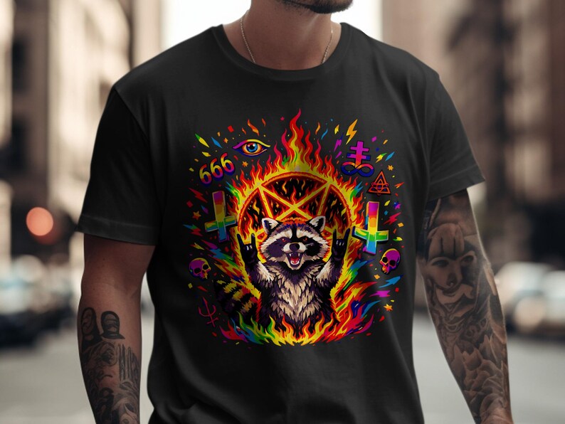 Psychedelic Raccoon Pentagram 666, Satanic Occult Art, Rainbow Flames Skull, Heavy Metal Rock and Roll Goth, Eye Leviathan Cross
Raccoon