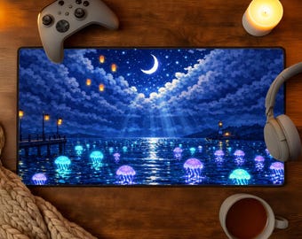 Stardew Valley Desk Mat Dance of the Moonlight Jellies Gaming Mousepad Pixel Art Night Scene Lighthouse Dock Crescent Moon RPG Fan Gift Cute
