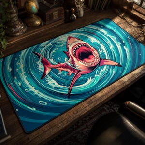 May include: A rectangular desk mat featuring a vibrant illustration of a shark with its mouth wide open, surrounded by swirling blue and teal water patterns with white foam bubbles, creating a dynamic aquatic scene across the entire surface.