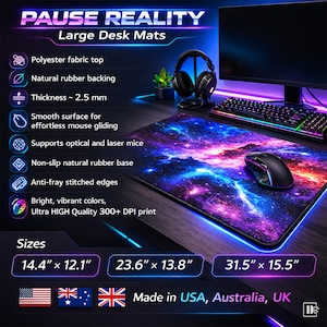 Large desk mat with galaxy print, available in three sizes.