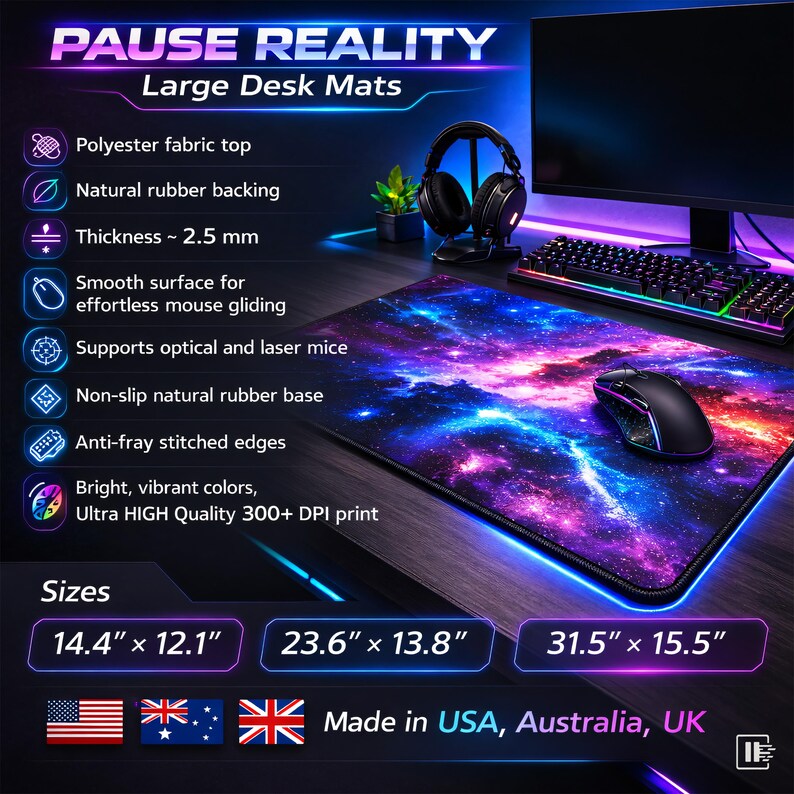 Large desk mat with galaxy print, available in three sizes.