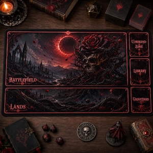 May include: A black and red playmat with a gothic fantasy landscape design. The mat features a skull with a rose, a dark castle, and the words "Battlefield", "Lands", "Command Zone", "Library", and "Graveyard".