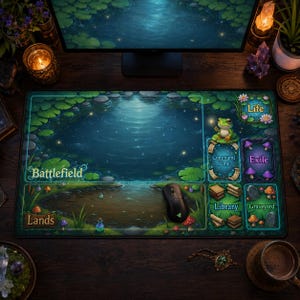 May include: A large, rectangular gaming mousepad featuring a fantasy landscape design. The pad depicts a pond scene with lily pads, a frog, and text labels like "Battlefield" and "Lands." A black mouse rests on the pad.