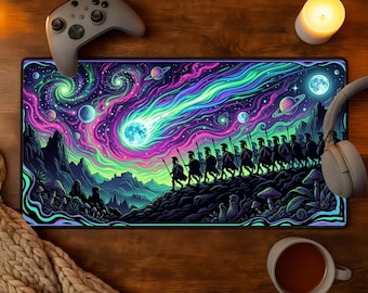 Psychedelic Spartan Cosmic Battle Desk Mat Neon Space Warrior Gaming Mousepad Greek Mythology Fantasy Office Decor
