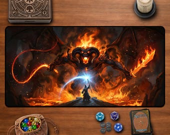 Lord of The Rings Gandalf vs Balrog Desk Mat Moria Khazad Dum Mousepad Epic Battle Gaming Fantasy Art You Shall Not Pass
