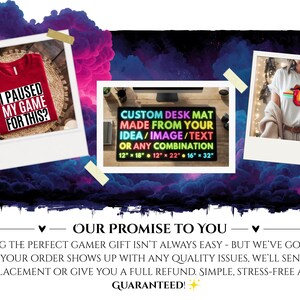 May include: The image displays a red t-shirt with the text "I PAUSED MY GAME FOR THIS?" and a desk mat with customisable options. The desk mat text reads "CUSTOM DESK MAT MADE FROM YOUR IDEA/IMAGE/TEXT OR ANY COMBINATION" with size options.