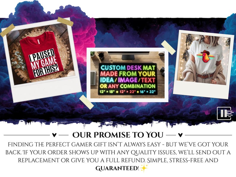 May include: The image displays a red t-shirt with the text "I PAUSED MY GAME FOR THIS?" and a desk mat with customisable options. The desk mat text reads "CUSTOM DESK MAT MADE FROM YOUR IDEA/IMAGE/TEXT OR ANY COMBINATION" with size options.