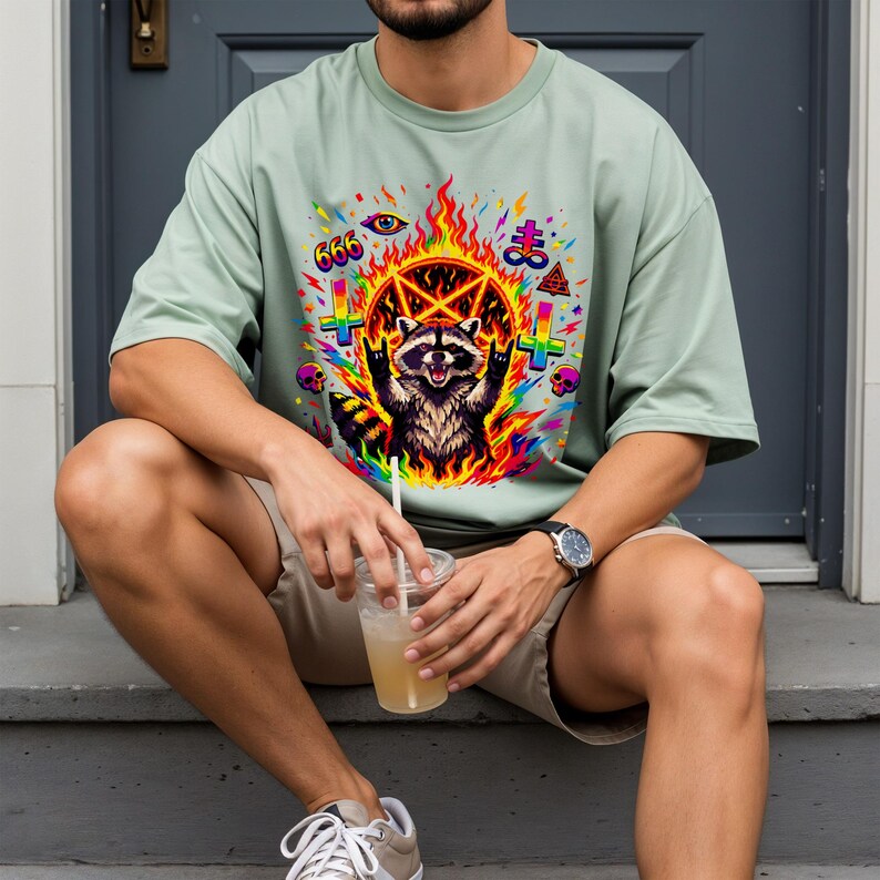 Psychedelic Satanic Raccoon Design, Flaming Pentagram 666 Art, Vibrant Rainbow Devil Raccoon, Dark Occult Trash Panda Lover Gift
Raccoon Art