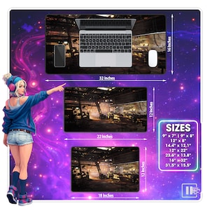 May include: A computer mouse pad with a detailed industrial scene design. The image shows a laptop, a smartphone, and a mouse on the largest pad, which measures 32 inches by 16 inches. Additional sizes are also displayed.