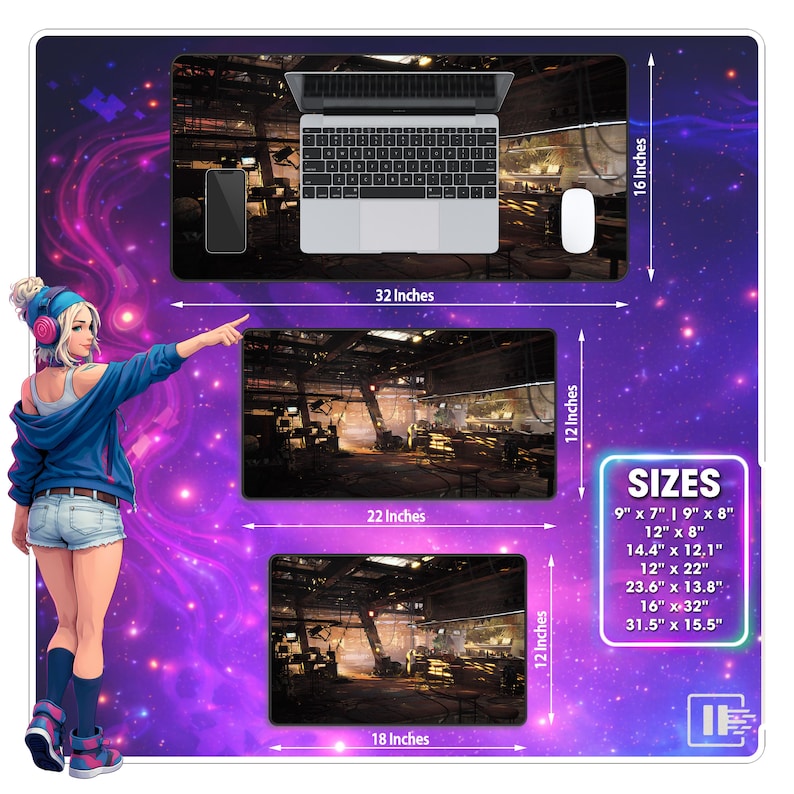 May include: A computer mouse pad with a detailed industrial scene design. The image shows a laptop, a smartphone, and a mouse on the largest pad, which measures 32 inches by 16 inches. Additional sizes are also displayed.