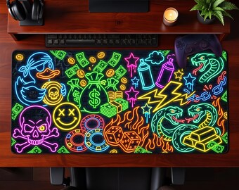 Neonowa mata do zabawy, graffiti, podkładka na biurko, miejska sztuka uliczna, projekt „pieniądze i szczęście”, podkładka pod mysz do gier, fajna, rozszerzona podkładka pod mysz, prezent do biura