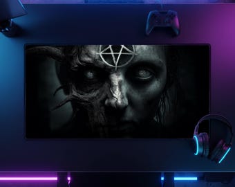 Alfombrilla de ratón XXL de terror, gótica oscura, con rostro semihumano y pentagrama tallado, para juegos de terror, decoración gótica de oficina, regalo para gamers.