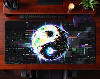 Alfombrilla de escritorio vibrante con efecto glitch Yin Yang, alfombrilla de ratón para juegos cyberpunk, alfombrilla de ratón extendida con estética neón, ideal para espacios de trabajo y oficinas tecnológicas modernas.
