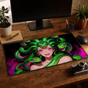 Vibrant Anime Medusa Desk Mat Neon Green Snake Hair Gorgon Gamer Mouse Pad Extended Computer Mat Workspace Gift