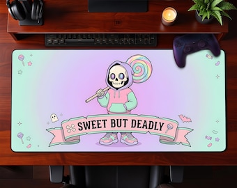 Estetyczna pastelowa gotycka podkładka na biurko ze szkieletem, słodka, ale śmiercionośna, rozszerzona podkładka pod mysz z lizakiem, kawaii, czaszka, słodka, upiorna, dekoracja biura do gier