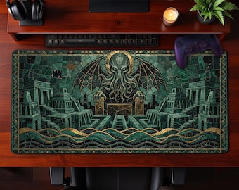 Cthulhu Mosaic Malachite Desk Mat Eldritch Horror Gaming Mouse Pad Ancient Temple Workspace Gift Extended Mousepad