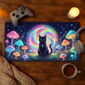 May include: A black cat with a pendant sits in front of a colorful, psychedelic background on a rectangular mousepad. The design includes glowing mushrooms, stars, and a rainbow-colored circular pattern. A gaming controller, headphones, and a cup of tea are also visible.