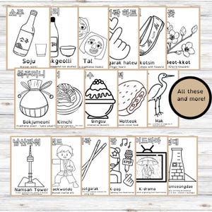 May include: Black and white illustrations of Korean culture, including soju, kimchi, and K-pop. The images are on individual cards with text labels in Korean and English. A circle in the corner says "All these and more!"