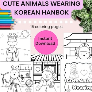 Cute Animals in Hanbok Coloring Book PDF | Cozy Korean Coloring Pages | Kids or Adults Printable Coloring Set