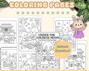 Kawaii Bunny Cozy Coloring Pages: Korean Chuseok Rabbit Family Coloring Book (Digital Download)