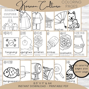 Korean Culture Coloring Book: Learn Hangul, Fun Illustrations (PDF Download A4/US Letter Sizes Included)