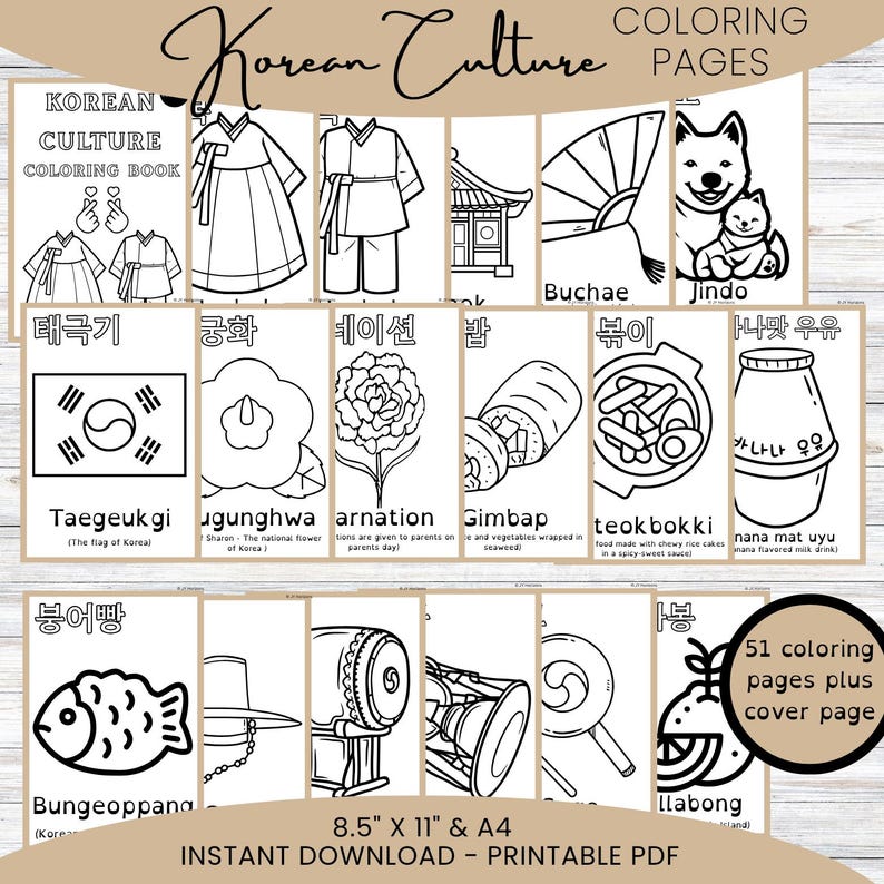 May include: A black and white Korean Culture coloring book with various illustrations, including traditional clothing, food, and cultural symbols. The book includes 51 coloring pages plus a cover page, and is available as an instant download in 8.5" x 11" and A4 sizes.