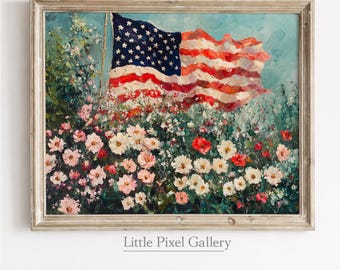 Könnte beinhalten: Ölgemälde der amerikanischen Flagge im Wind, vor einem Hintergrund aus bunten Blumen. Das Kunstwerk hat einen Holzrahmen und ist unten mit "Little Pixel Gallery" signiert.