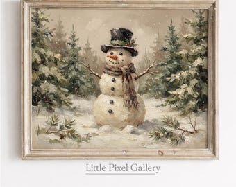 Könnte beinhalten: Ein gerahmter Ölgemäldedruck eines Schneemanns mit schwarzem Zylinder und kariertem Schal, der in einem verschneiten Wald mit Tannen steht. Der Text Little Pixel Gallery ist in einer Serifenschrift am unteren Rand des Bildes gedruckt.