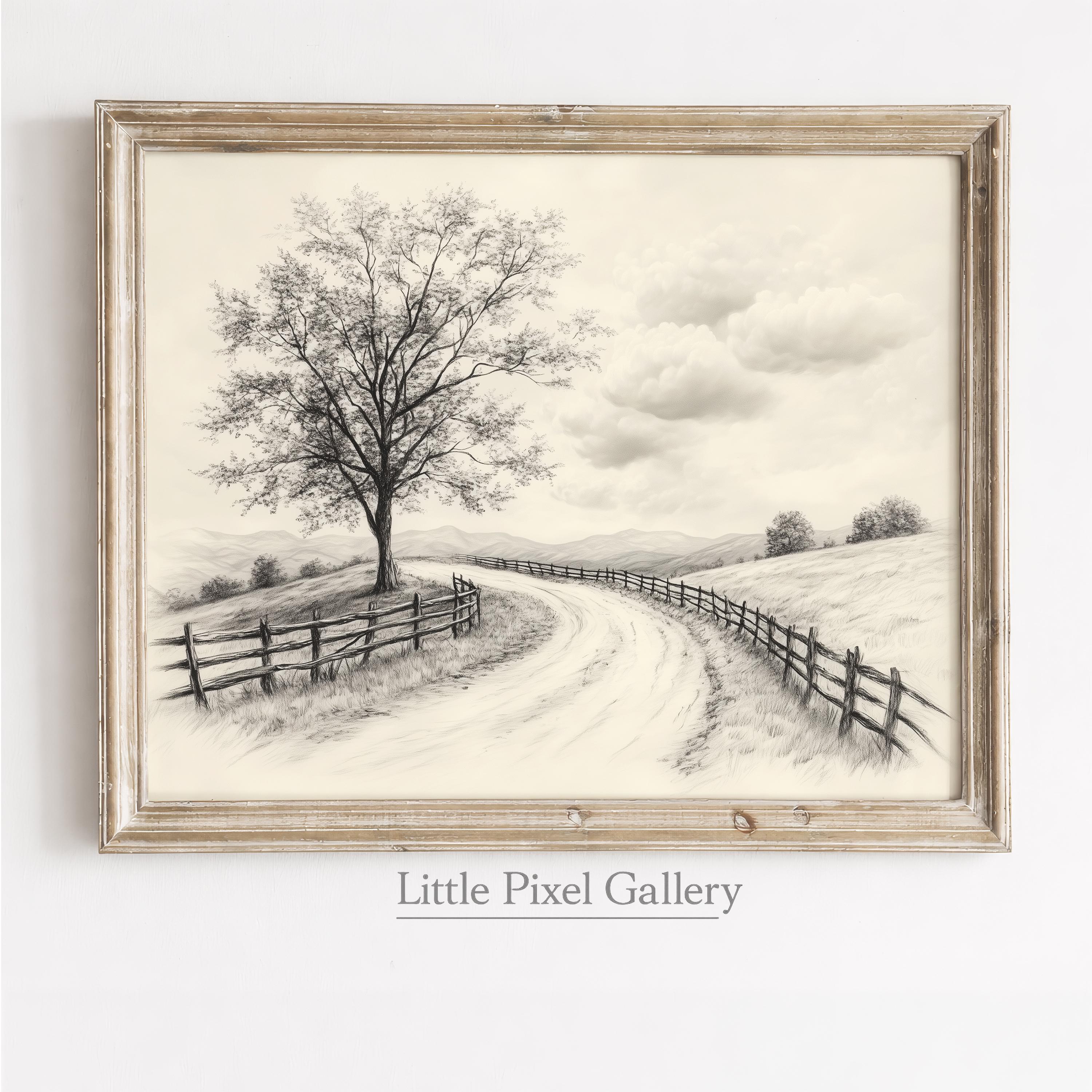 Vintage Countryside Sketch Print | Rustic Farmhouse Wall Art
