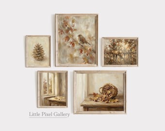 May include: A gallery wall set of five framed art prints featuring oil-style paintings of autumn themes, including a pinecone, a bird on a branch, a garden gate, a window view, and a basket of acorns on a table, all in muted brown and beige tones.