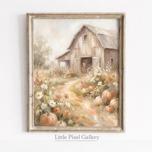 May include: A framed wall art print featuring an oil painting of a rustic wooden barn surrounded by a field of white flowers and orange pumpkins. A dirt path leads towards the barn entrance under a soft, muted sky. The text Little Pixel Gallery appears.