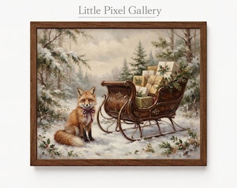 Könnte beinhalten: Ein gerahmter Kunstdruck mit dem Titel Little Pixel Gallery zeigt ein Gemälde eines Rotfuchses mit einem dunklen Band um den Hals, der im Schnee neben einem Holzschlitten voller verpackter Geschenke in einem verschneiten Wald sitzt.