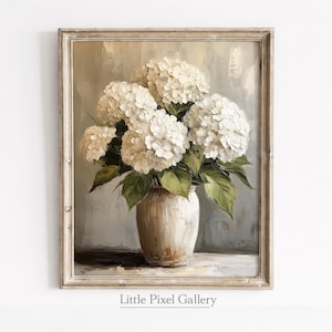 Könnte beinhalten: Gerahmtes Gemälde mit weißen Hortensien in einer cremefarbenen Vase. Das Kunstwerk hat eine neutrale Farbpalette mit grünen Blättern und einem hellen Hintergrund. Der Rahmen ist hellbraun. Der Text "Little Pixel Gallery" befindet sich unten.