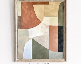 Könnte beinhalten: Ein gerahmtes abstraktes Gemälde mit geometrischen Formen in Terrakotta, Olivgrün, Creme und Schwarz. Die Komposition besteht aus geschwungenen und geraden Linien, die in einem Rahmen aus verwittertem hellem Holz deutliche Farbblöcke bilden. Little Pixel Gallery.
