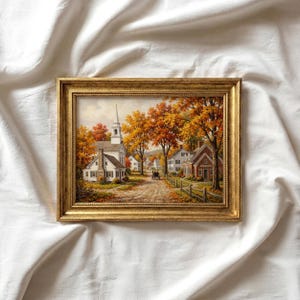 Steepled church canvas wall decor for farmhouse — quiet autumnal street with warm earthy tones and heritage charm
