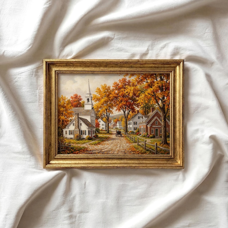Steepled church canvas wall decor for farmhouse — quiet autumnal street with warm earthy tones and heritage charm