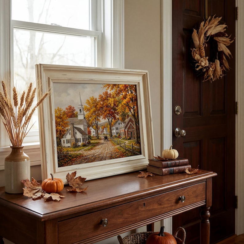 Countryside autumn painting for gallery wall — New England settlement with burnt sienna trees and vintage appeal