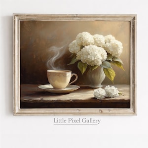 May include: A framed painting depicts a still life with a teacup, saucer, and a vase of white hydrangeas. Steam rises from the cup, suggesting a warm beverage. The artwork has a soft, muted color palette and a vintage aesthetic.