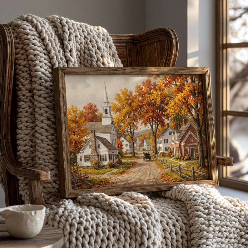 Rustic fall landscape printable for bedroom — horse carriage, white church, and golden tree-lined road