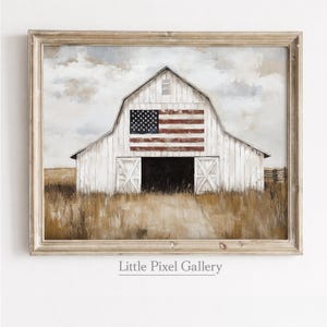 May include: Framed artwork featuring a white barn with an American flag painted on the front. The barn doors are open, revealing a dark interior. The artwork is set in a field of dry grass under a cloudy sky. The frame is a light, neutral color.