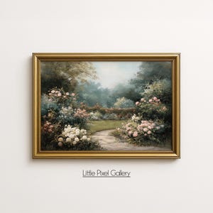 Giardino di rose vintage in tenui toni pastello - Arte paesaggistica floreale rustica, decorazioni cottagecore stampabili, pittura di giardino romantico 243