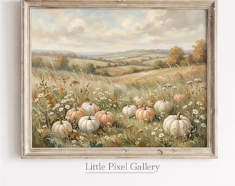 Può includere: Una stampa artistica paesaggistica incorniciata che mostra un campo di zucche bianche e arancioni tra erba alta e piccoli fiori di campo bianchi sotto un cielo nuvoloso. La scena raffigura colline in lontananza con il testo Little Pixel Gallery.