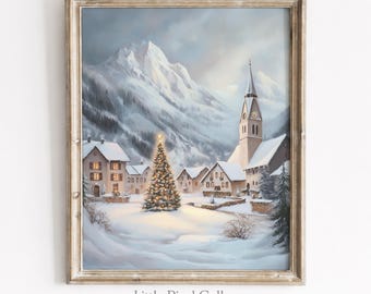 Könnte beinhalten: Ein gerahmter Kunstdruck, der ein verschneites Bergdorf mit einem beleuchteten Weihnachtsbaum, traditionellen Häusern und einem hohen Kirchturm unter einem bewölkten Himmel zeigt. Der Text Little Pixel Gallery steht unten.