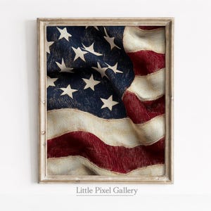 May include: Framed print of the American flag, featuring a vintage, distressed look. The flag displays red and white stripes with a blue canton filled with white stars. The print is in a light-colored wooden frame. The text "Little Pixel Gallery" is at the bottom.