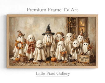 May include: A framed digital art print featuring a group of ten ghosts dressed in autumn-themed accessories like scarves, hats, and glasses. The ghosts are standing on a wooden floor with pumpkins, a basket, and a crate labeled HALLOWEEN 1928.