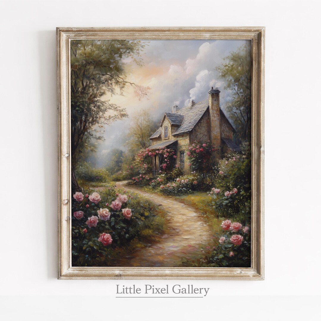 Vintage Rose Garden Path to Cottage Painting - Inviting Cottagecore Art ...