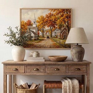 Cozy small-town artwork for bedroom — traditional village scene with horse carriage and textured rustic palette