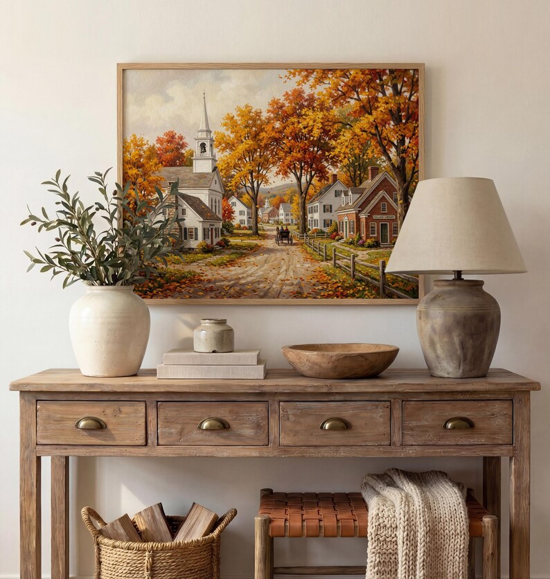 Cozy small-town artwork for bedroom — traditional village scene with horse carriage and textured rustic palette