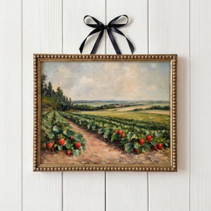 Rustic Cottagecore Strawberry Patch Art - Cozy Farmhouse Landscape, Impressionist Painting Digital Download, Sunlit Fields Printable 2575