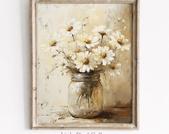 Könnte beinhalten: Gerahmtes Gemälde mit weißen Gänseblümchen in einem Glas. Das Kunstwerk hat eine Vintage-Ästhetik mit einer neutralen Farbpalette aus Creme, Beige und Braun. Das Gemälde ist mit "Little Pixel Gallery" signiert.